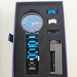 Mancini Roman Numeral Watch Gold & Metallic Blue Link Band Gift Set Bold NEW
